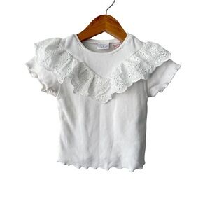 Zara Baby White Ribbed Tee with Eyelet Ruffles